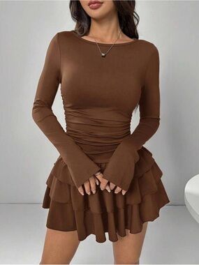 Long-Sleeve Brown Tiered Mini Dress